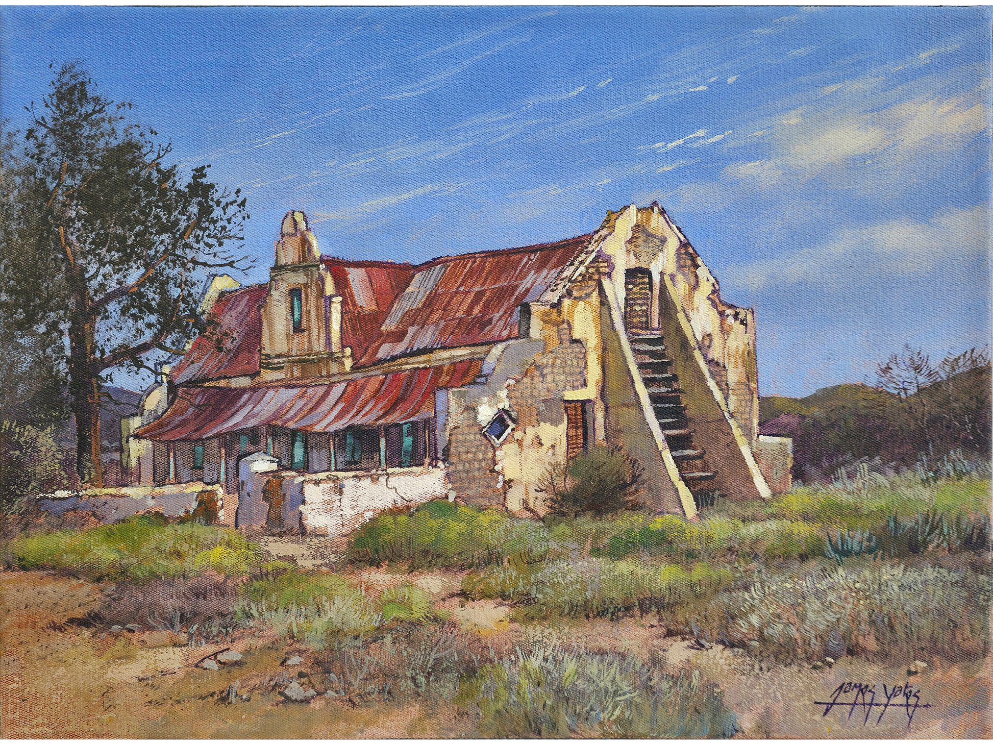 Oil painting of a derelict Karoo farmhouse with white plaster walls, an external stone staircase, and a rusted red tin roof under a blue sky.