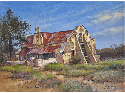Oil painting of a derelict Karoo farmhouse with white plaster walls, an external stone staircase, and a rusted red tin roof under a blue sky.