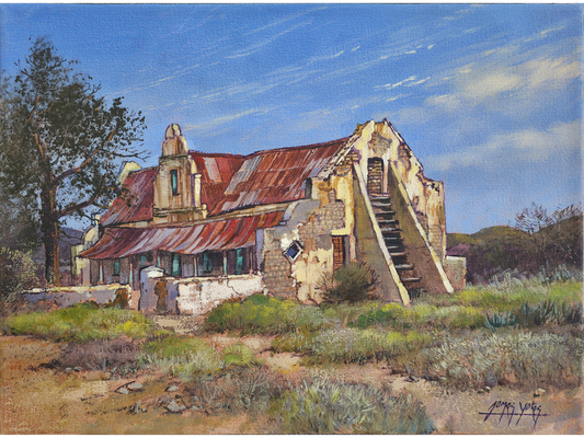 Oil painting of a derelict Karoo farmhouse with white plaster walls, an external stone staircase, and a rusted red tin roof under a blue sky.