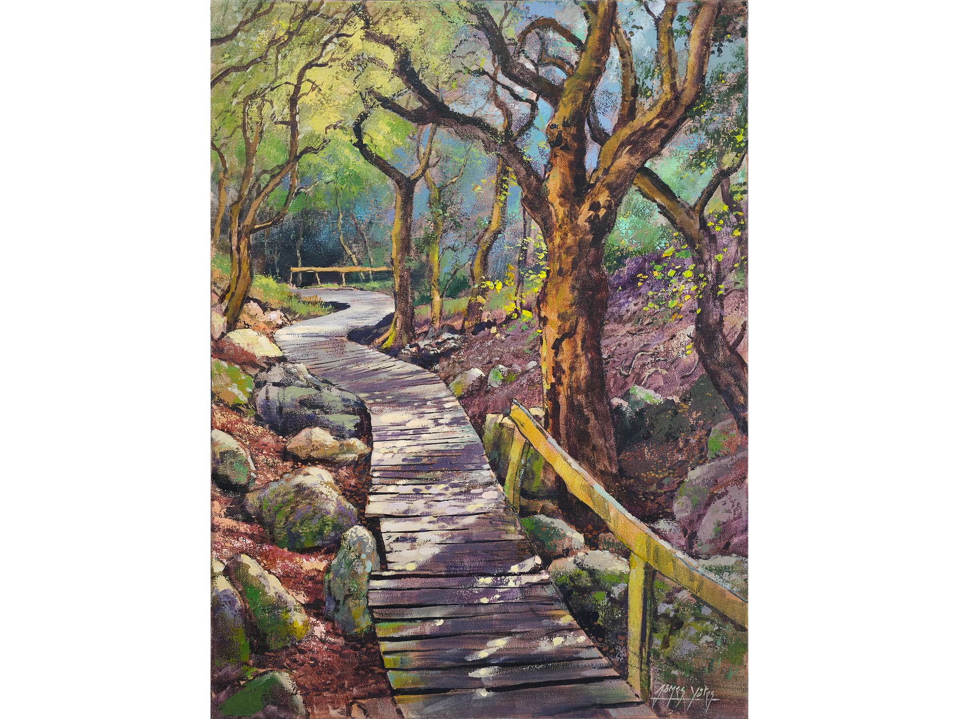 Oil painting of a wooden boardwalk winding through a sun-dappled forest with gnarled trees and mossy rocks.