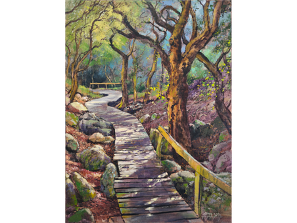 Oil painting of a wooden boardwalk winding through a sun-dappled forest with gnarled trees and mossy rocks.