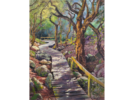 Oil painting of a wooden boardwalk winding through a sun-dappled forest with gnarled trees and mossy rocks.