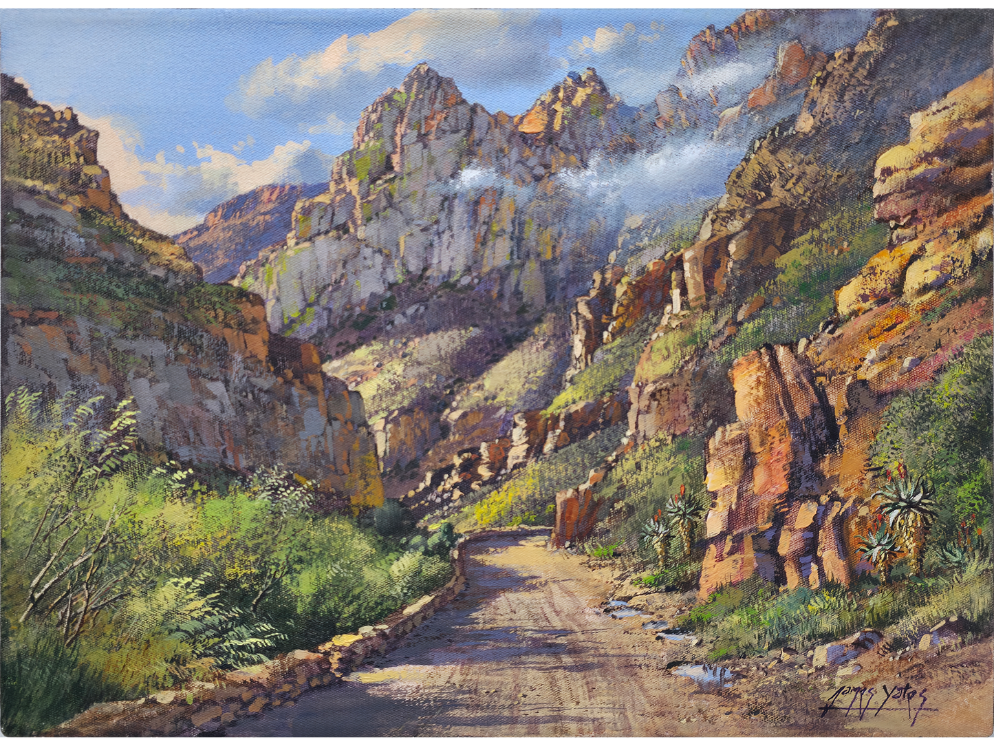 Oil painting of a winding dirt road travelling through the towering sandstone cliffs of Seweweekspoort pass, with mountain mist clinging to the sunlit peaks.