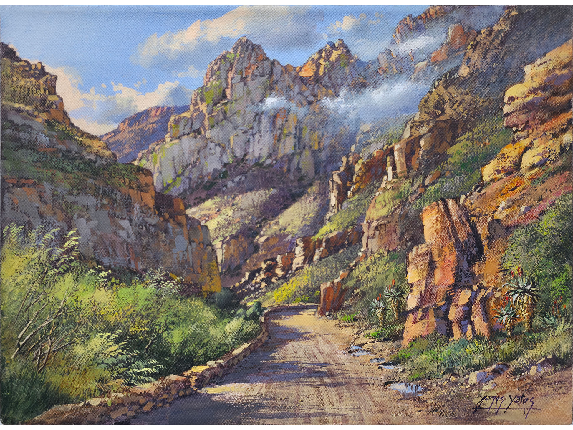 Oil painting of a winding dirt road travelling through the towering sandstone cliffs of Seweweekspoort pass, with mountain mist clinging to the sunlit peaks.