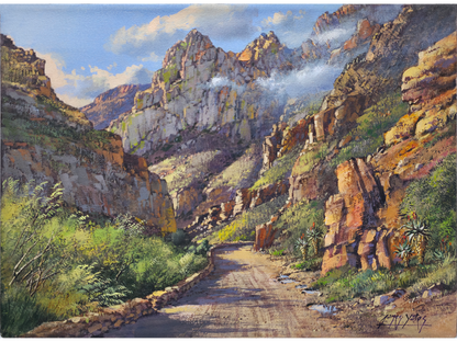 Oil painting of a winding dirt road travelling through the towering sandstone cliffs of Seweweekspoort pass, with mountain mist clinging to the sunlit peaks.