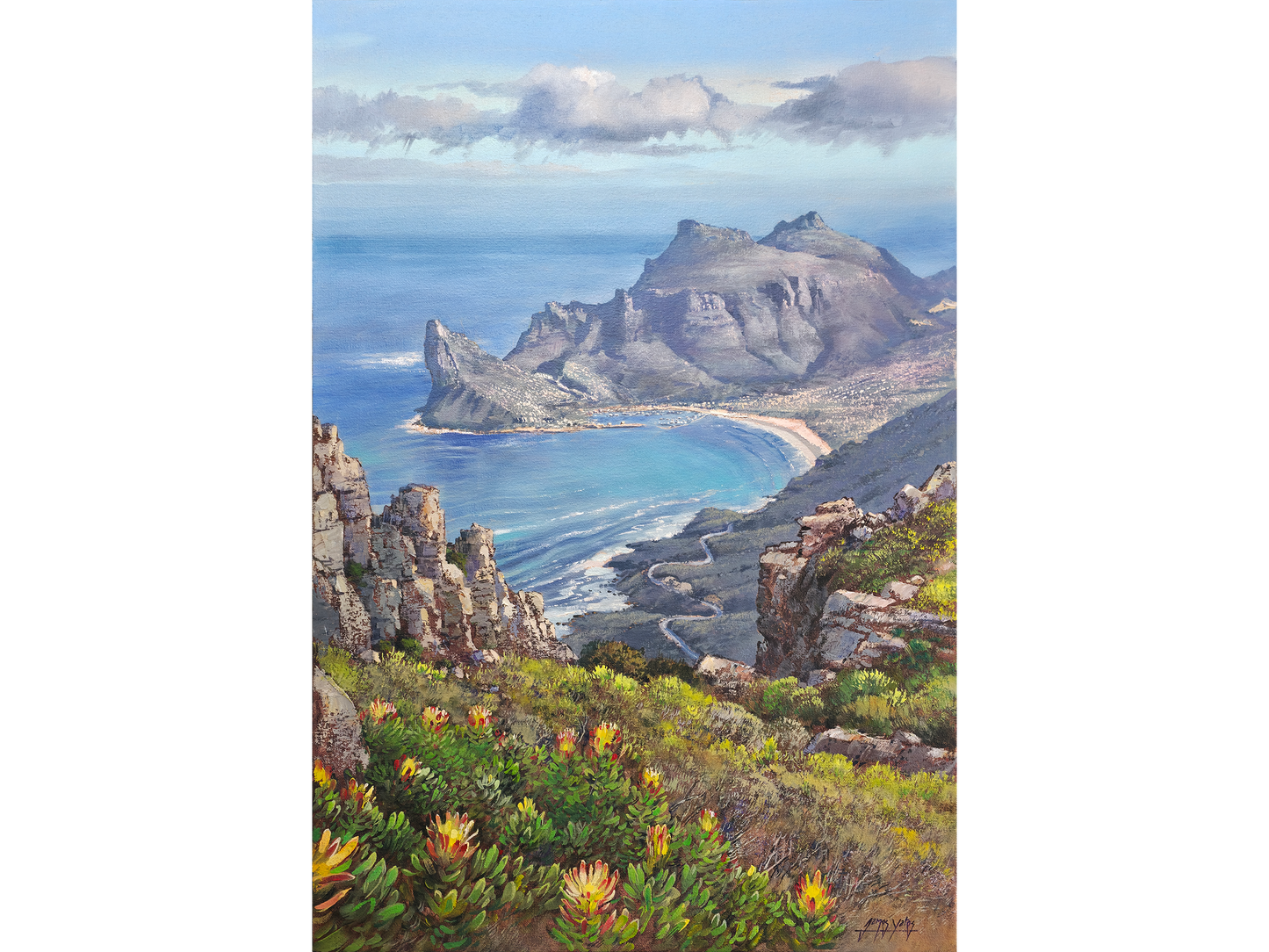 Vertical oil painting from a high peak showing yellow proteas in the foreground, looking down over Chapman's Peak Drive toward Hout Bay and the Sentinel mountain.