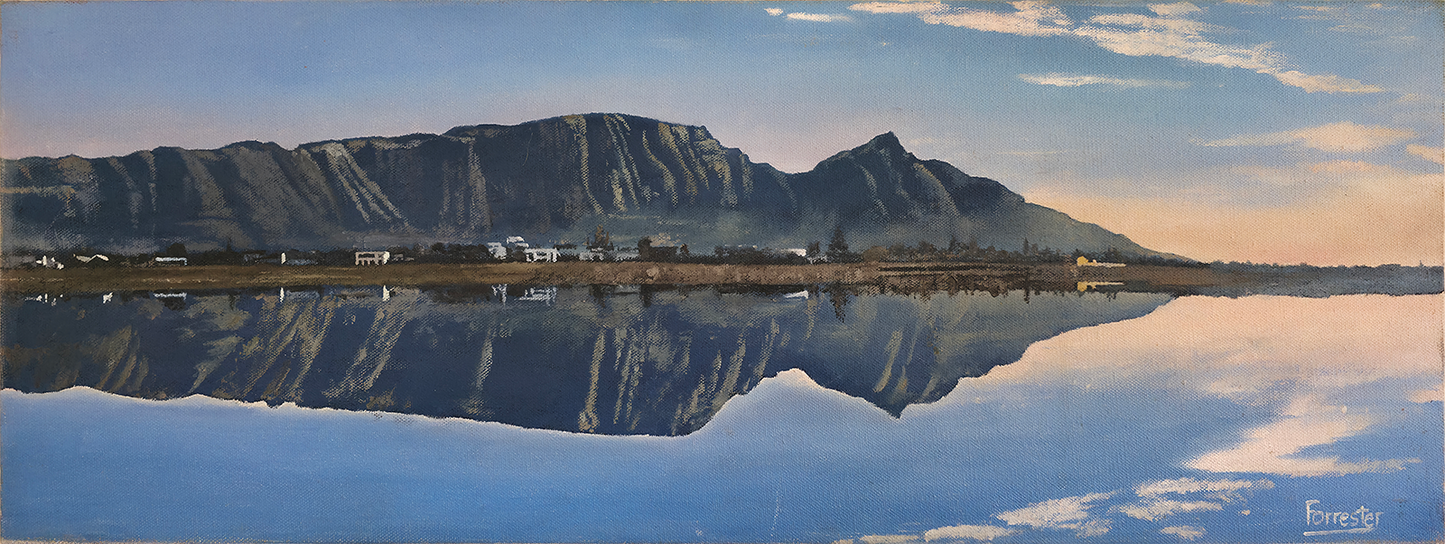 Panoramic oil painting of Zeekoevlei lake reflecting the Constantiaberg mountains and sky in smooth, glass-like water at sunset or sunrise.
