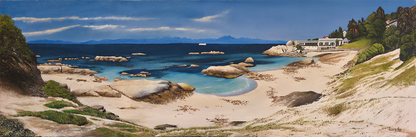Panoramic oil painting of Seaforth Beach in Simon's Town featuring turquoise water, white sand dunes, granite rocks, and mountains across False Bay.