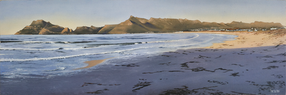 Panoramic seascape oil painting of Long Beach in Kommetjie at late afternoon showing ocean waves, shadow on wet sand, and distant mountain peaks.