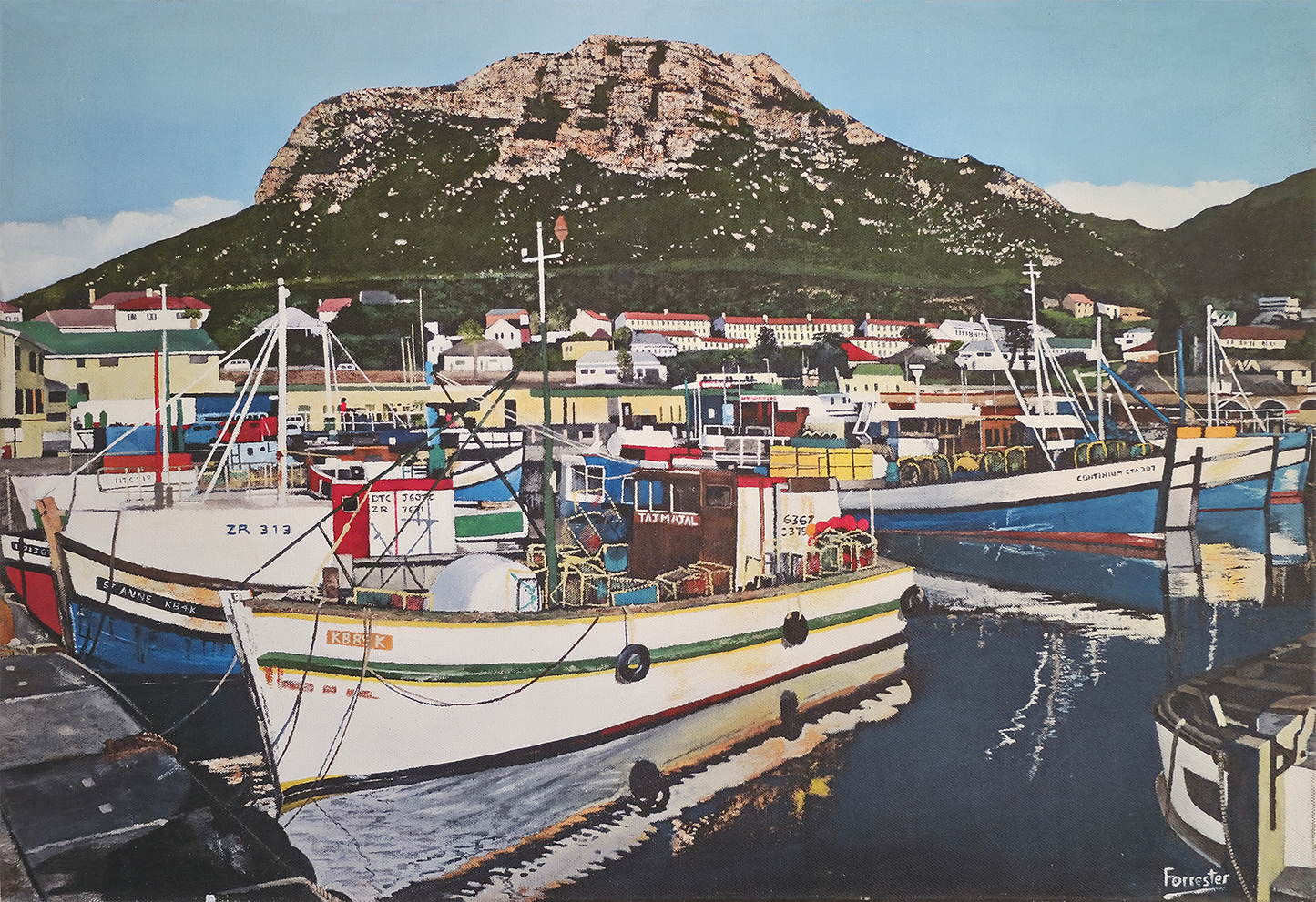 Detailed oil painting of colorful traditional fishing trawlers docked in Kalk Bay harbour with mountains and coastal buildings in the background.