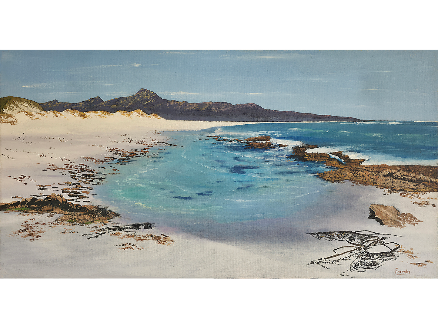 Panoramic seascape oil painting of Scarborough beach looking south toward mountains with white sand, rock pools, and turquoise ocean water by Mike Forrester.