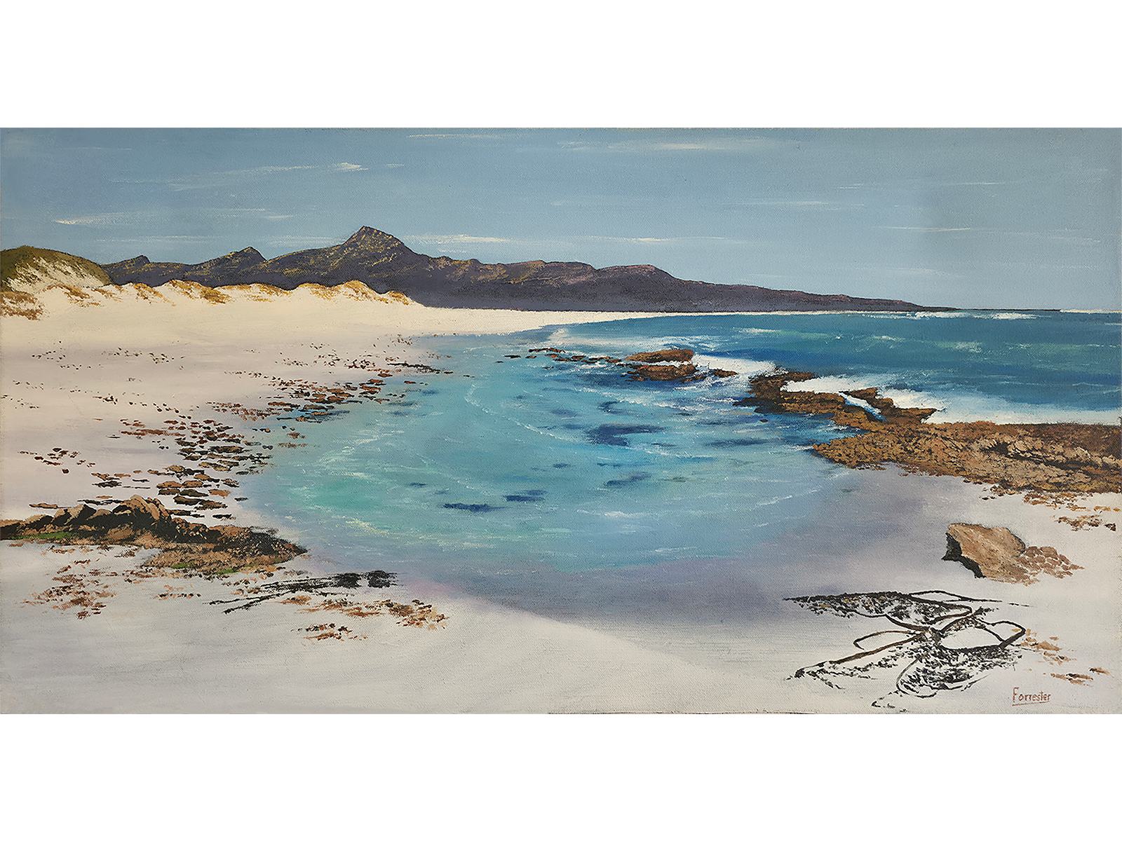 Panoramic seascape oil painting of Scarborough beach looking south toward mountains with white sand, rock pools, and turquoise ocean water by Mike Forrester.