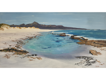 Panoramic seascape oil painting of Scarborough beach looking south toward mountains with white sand, rock pools, and turquoise ocean water by Mike Forrester.