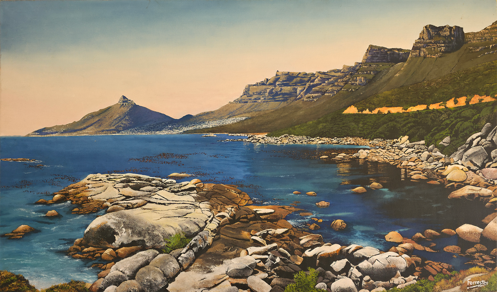 Panoramic oil painting of Cape Town Atlantic Seaboard with granite boulders at Oudekraal looking toward Twelve Apostles, Camps Bay, and Lion's Head.