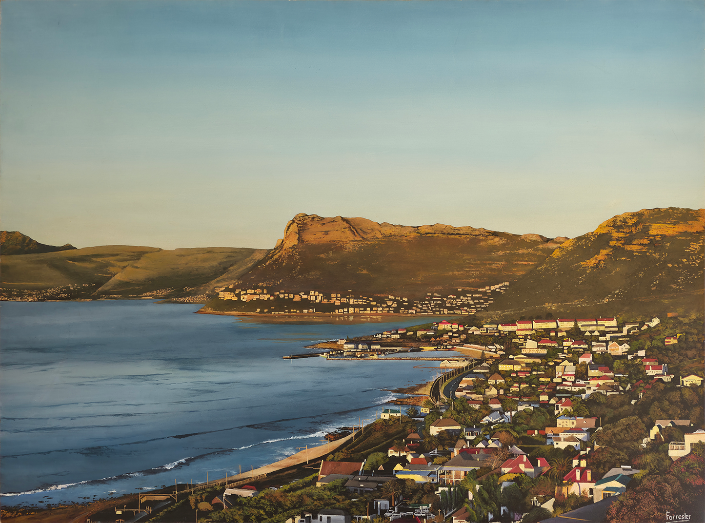 Detailed panoramic oil painting of Kalk Bay harbour, village roofs, and coastal mountains viewed from Boyes Drive overlooking False Bay.