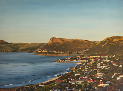 Detailed panoramic oil painting of Kalk Bay harbour, village roofs, and coastal mountains viewed from Boyes Drive overlooking False Bay.