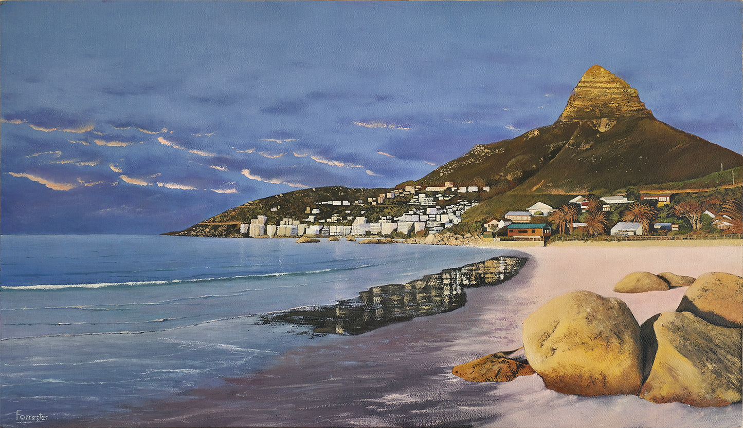 Seascape oil painting of Clifton Beach in late afternoon light with golden granite boulders in foreground and sunlit Lion's Head in background.