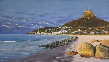 Seascape oil painting of Clifton Beach in late afternoon light with golden granite boulders in foreground and sunlit Lion's Head in background.
