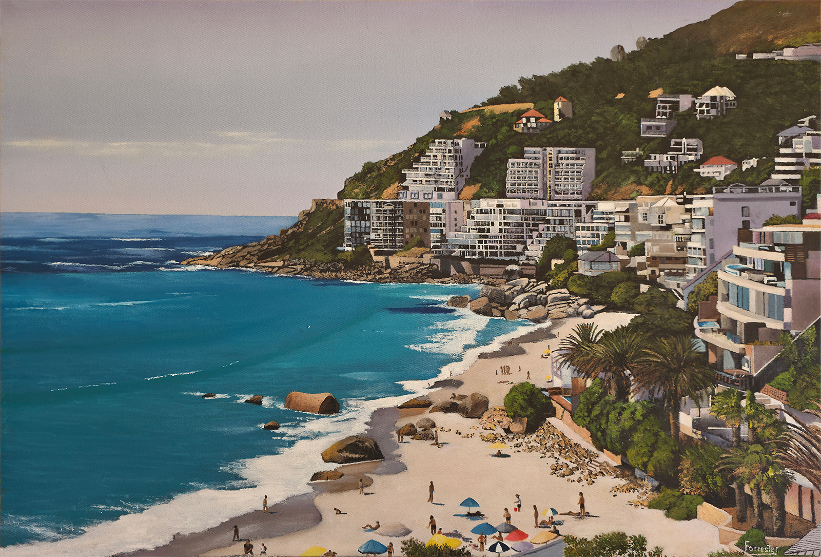 Oil painting of Clifton Beach in Cape Town showing white sand, beachgoers, turquoise Atlantic ocean, and luxury apartments along the mountain slope.