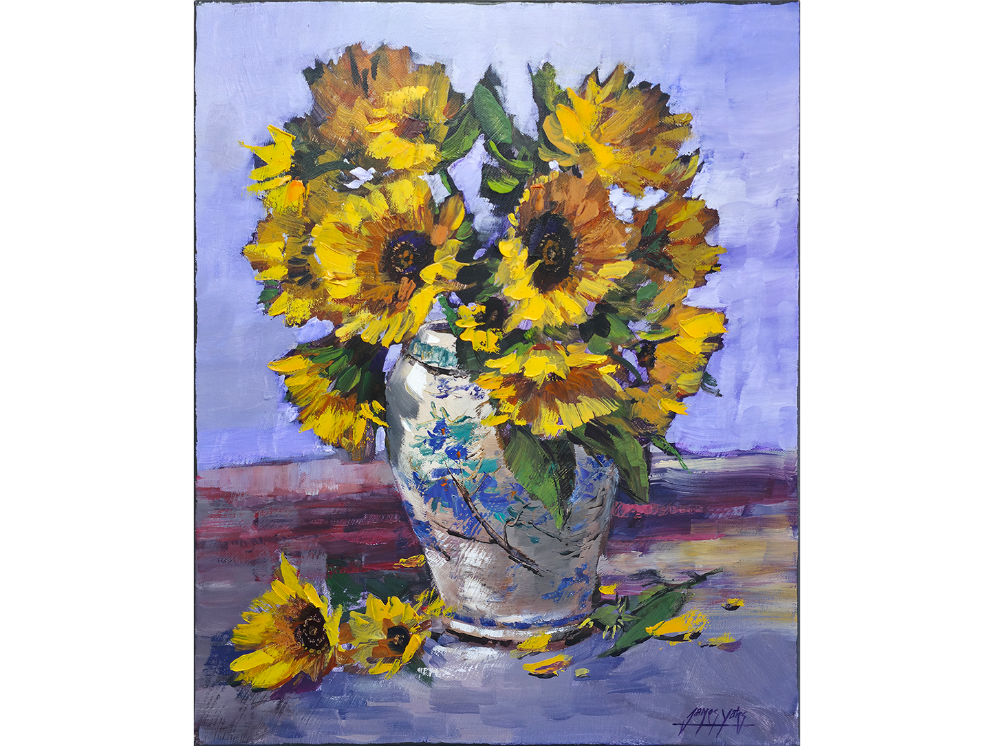 Textured oil painting of bright yellow sunflowers in an ornate ceramic vase with fallen petals on a purple table by James Yates.