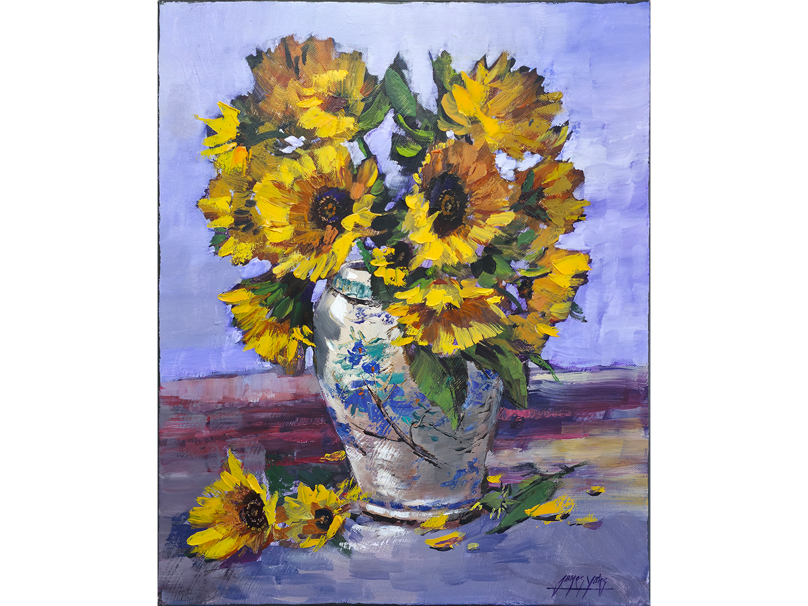 Textured oil painting of bright yellow sunflowers in an ornate ceramic vase with fallen petals on a purple table by James Yates.