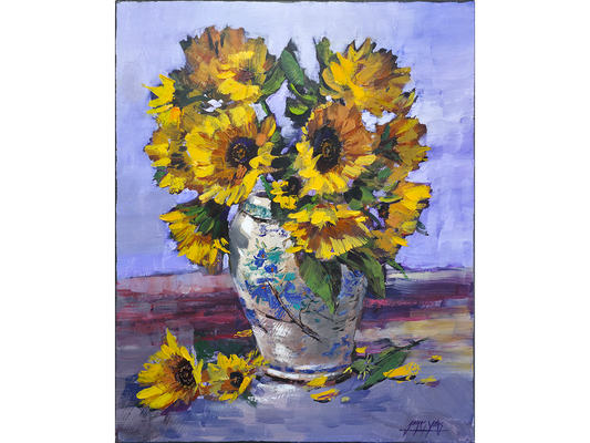 Textured oil painting of bright yellow sunflowers in an ornate ceramic vase with fallen petals on a purple table by James Yates.