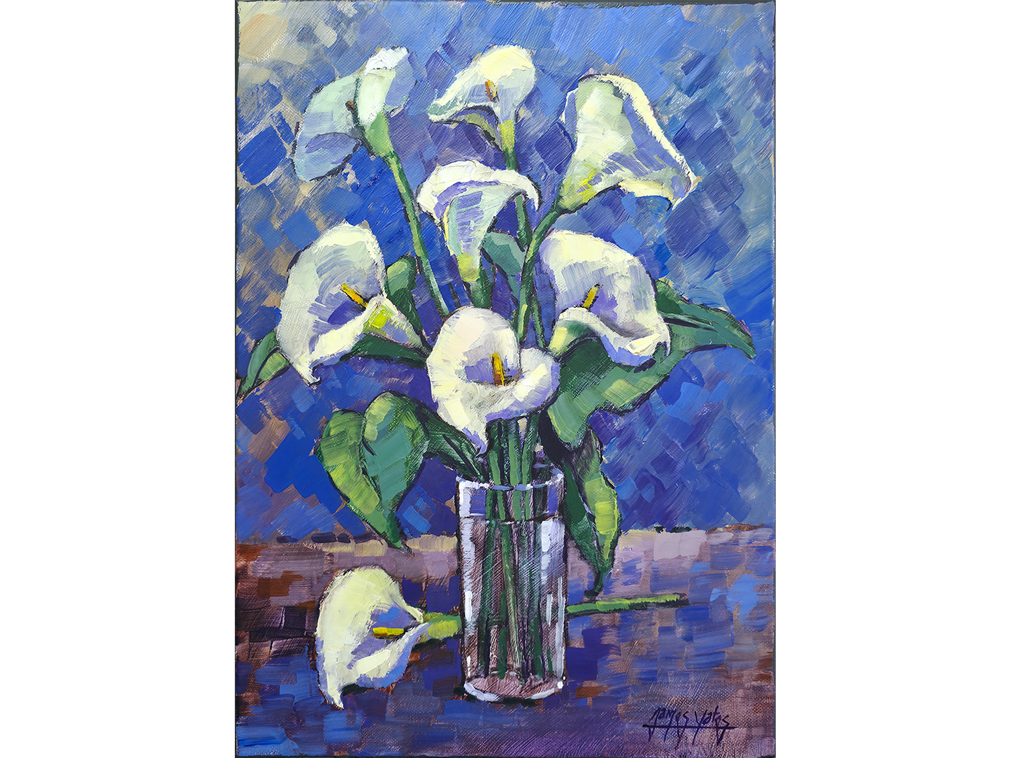 Expressive oil painting of white arum lilies in a clear glass vase with a single fallen flower against a textured blue background by James Yates.