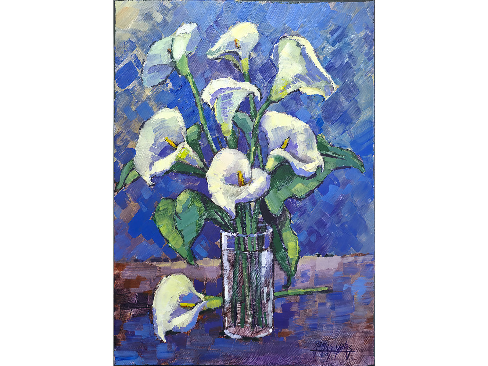 Expressive oil painting of white arum lilies in a clear glass vase with a single fallen flower against a textured blue background by James Yates.