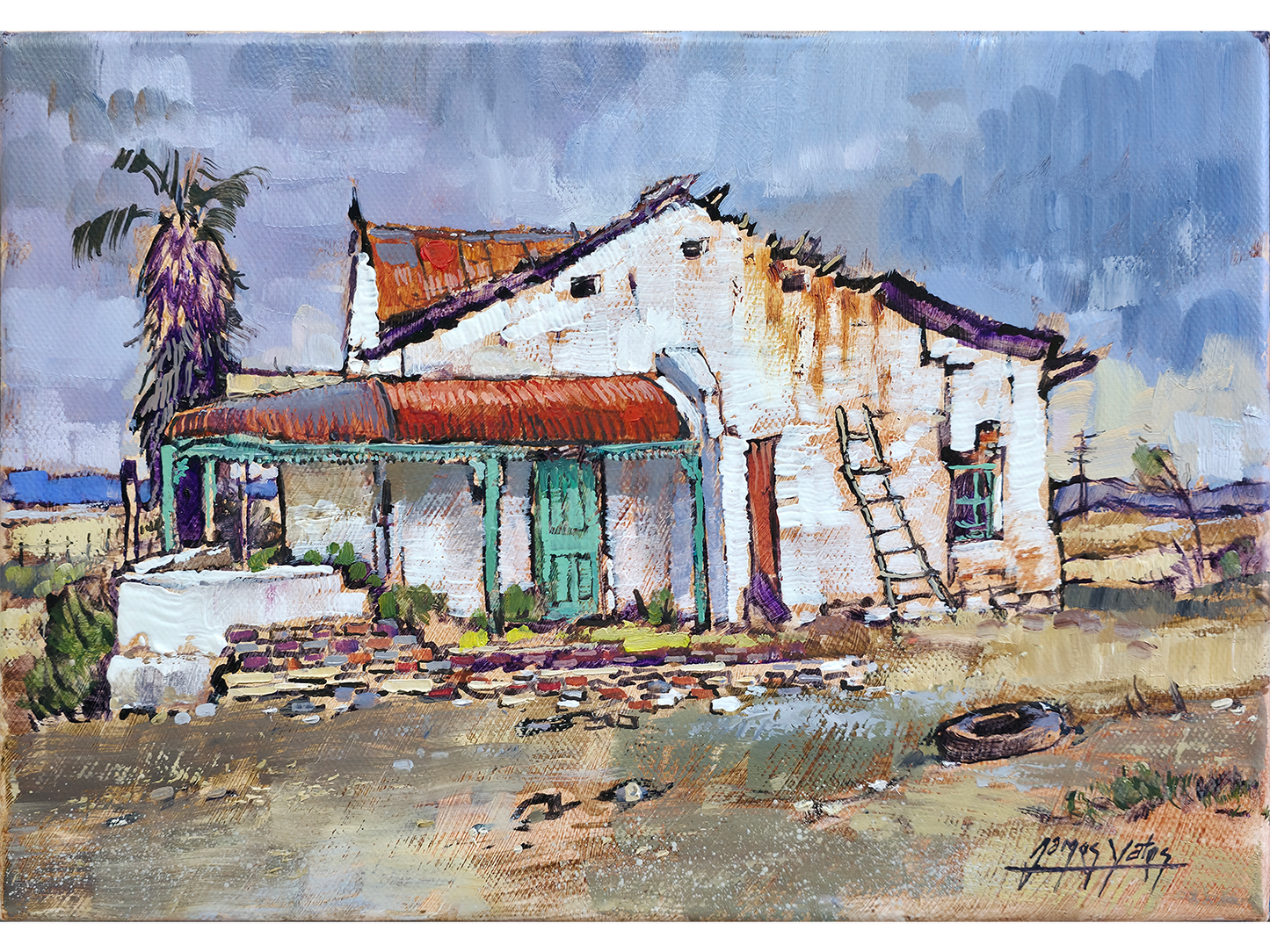 Post-Impressionist oil painting of an abandoned whitewashed farm cottage with a red iron roof in the Great Karoo landscape by James Yates.