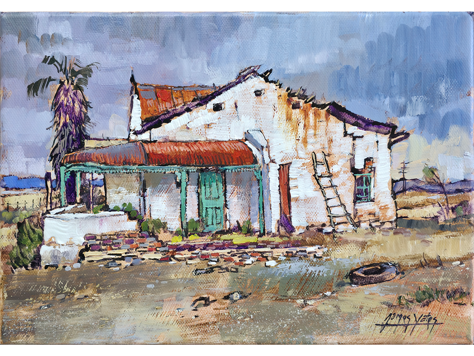 Post-Impressionist oil painting of an abandoned whitewashed farm cottage with a red iron roof in the Great Karoo landscape by James Yates.