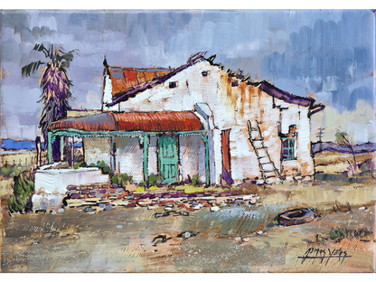Post-Impressionist oil painting of an abandoned whitewashed farm cottage with a red iron roof in the Great Karoo landscape by James Yates.