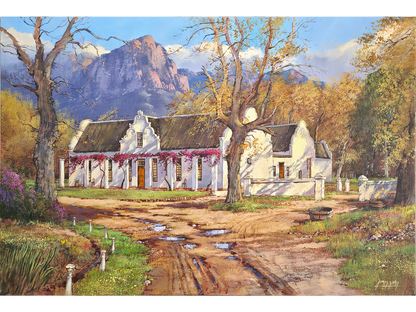Oil painting of the historic Zevenrivieren Cape Dutch homestead with bougainvillea, autumn oak trees, and mountain peaks in Stellenbosch by James Yates.   