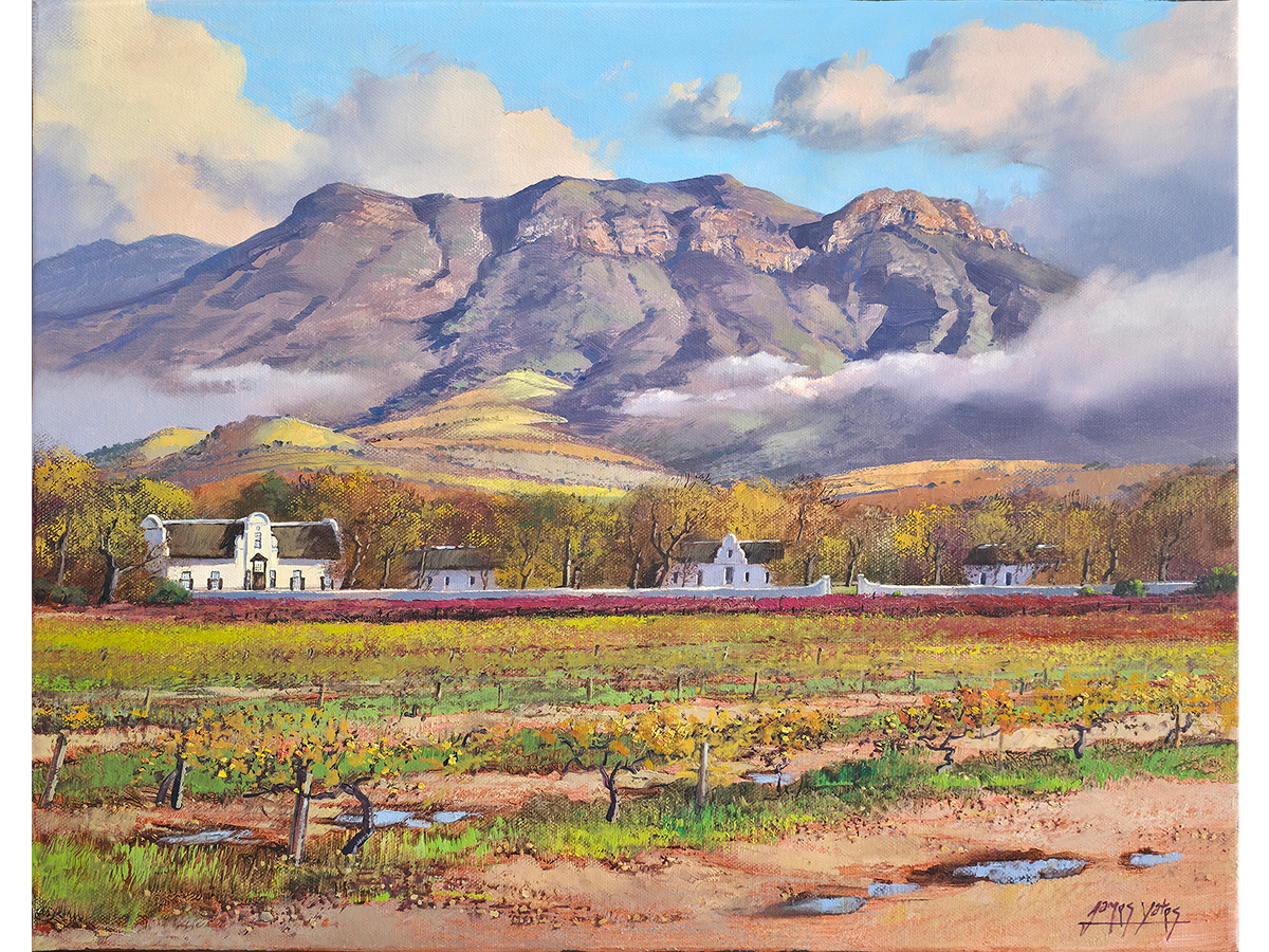 Post-Impressionist oil painting of golden autumn vineyards and Cape Dutch Manor House at Groot Constantia wine estate beneath Constantiaberg mountain by James Yates.   
