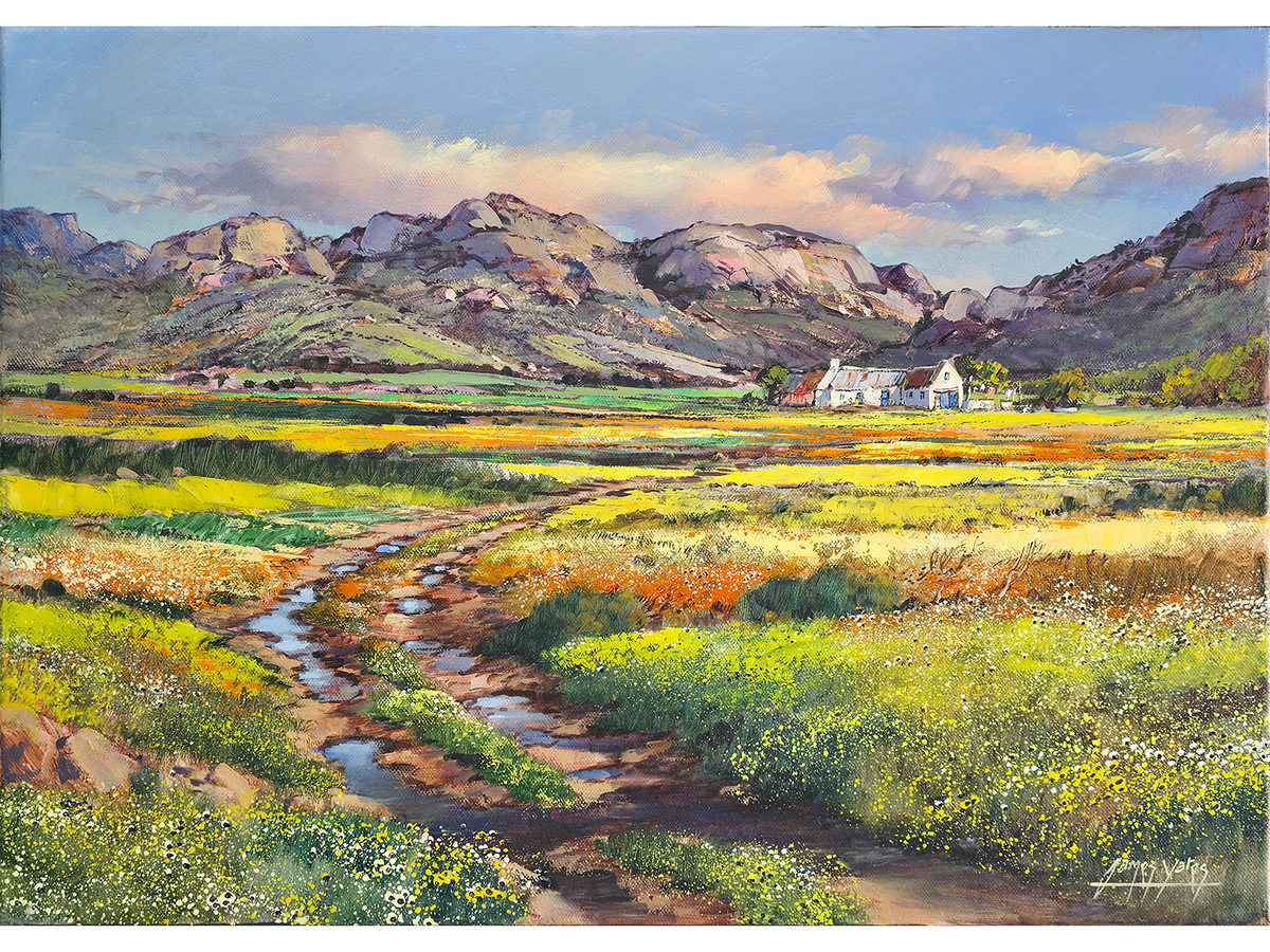 Post-Impressionist oil painting of yellow and orange Namaqualand spring wildflowers along a dirt track leading to mountains by James Yates.   