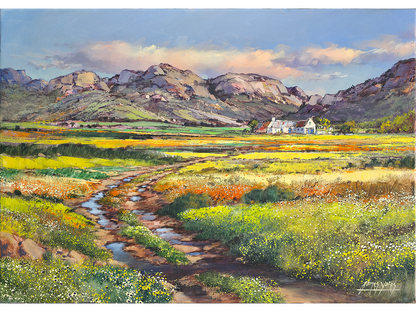 Post-Impressionist oil painting of yellow and orange Namaqualand spring wildflowers along a dirt track leading to mountains by James Yates.   