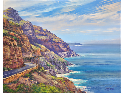 Post-Impressionist oil painting of the winding Chapman's Peak Drive road hugging sandstone cliffs above the blue Atlantic Ocean by James Yates.   