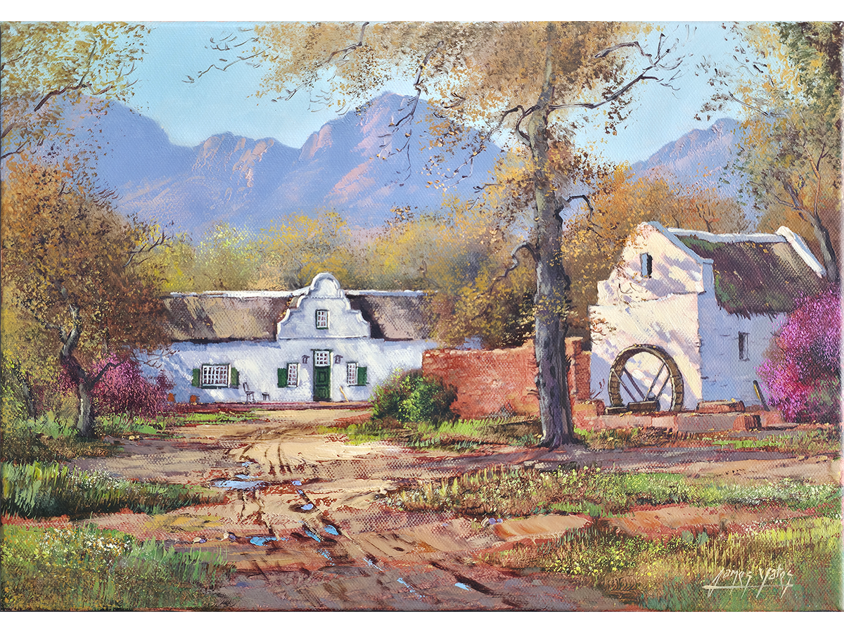 Oil painting of the historic La Cotte watermill and Cape Dutch homestead with autumn trees and mountains in Franschhoek by James Yates.   