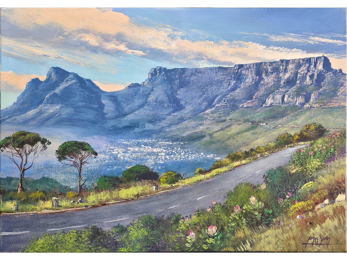 Post-Impressionist oil painting of Table Mountain and Devil's Peak viewed from Signal Hill Road with blooming proteas in the foreground by James Yates.