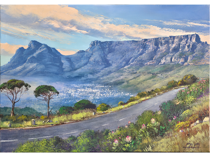 Post-Impressionist oil painting of Table Mountain and Devil's Peak viewed from Signal Hill Road with blooming proteas in the foreground by James Yates.