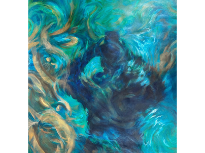 Square abstract painting with swirling brushstrokes of turquoise, dark blue, and tan, creating a sense of a watery vortex or movement.
