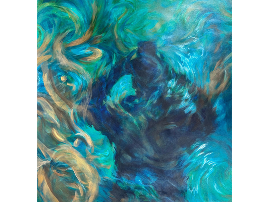 Square abstract painting with swirling brushstrokes of turquoise, dark blue, and tan, creating a sense of a watery vortex or movement.