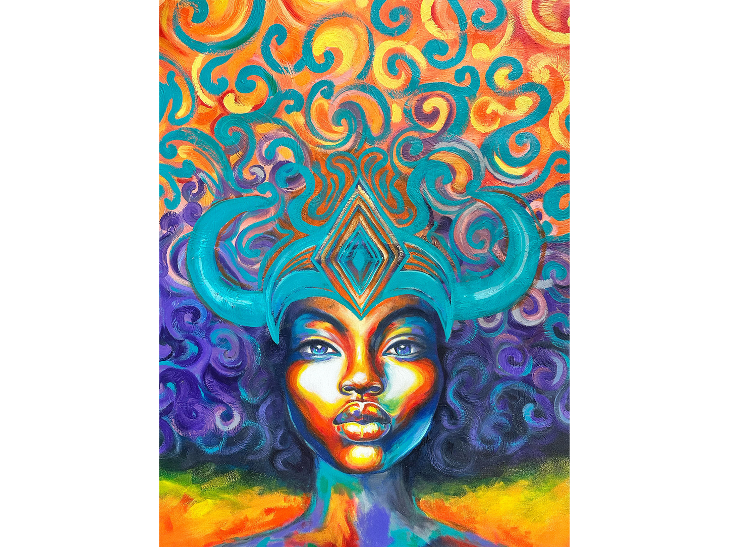 Vibrant oil portrait of a woman with blue and yellow skin tones wearing a turquoise horned crown against a swirling orange and gold background.