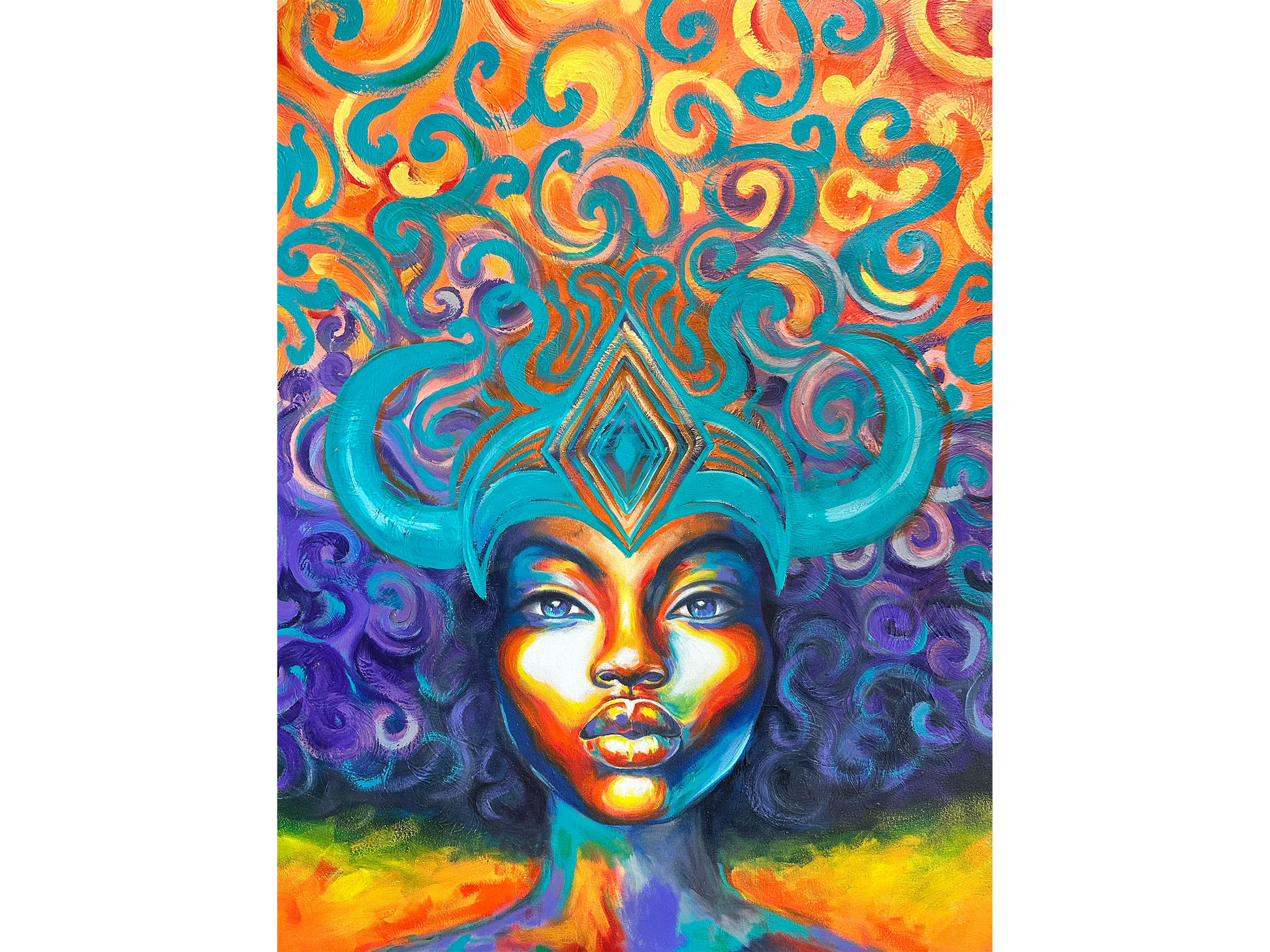 Vibrant oil portrait of a woman with blue and yellow skin tones wearing a turquoise horned crown against a swirling orange and gold background.