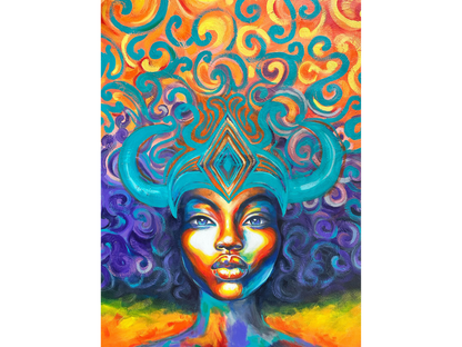Vibrant oil portrait of a woman with blue and yellow skin tones wearing a turquoise horned crown against a swirling orange and gold background.