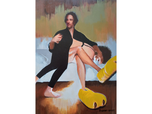 Vertical mixed-media painting of a couple embracing; the man is wearing large yellow monster-claw slippers while a woman rests on his lap.