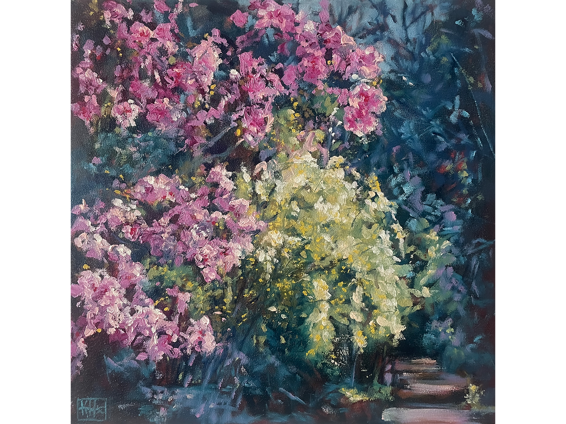 Original oil painting 'Blushes' by Karin Hopkinson, 40 cm x 40 cm. Impressionistic pink and white blossoms against a dark blue background with garden steps.