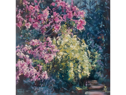 Original oil painting 'Blushes' by Karin Hopkinson, 40 cm x 40 cm. Impressionistic pink and white blossoms against a dark blue background with garden steps.