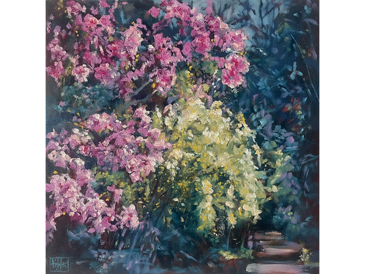 Original oil painting 'Blushes' by Karin Hopkinson, 40 cm x 40 cm. Impressionistic pink and white blossoms against a dark blue background with garden steps.