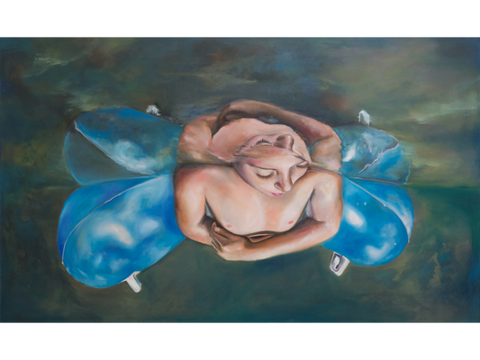 Horizontal oil painting of a woman from above, floating on a blue inflatable in dark water with visible reflections.