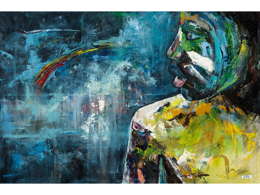 Original oil painting 'Homesick' by Daria Baluta, 150 cm x 100 cm. Expressive, abstract portrait of a figure in profile emerging from a dark blue background with a streak of red light near the face.